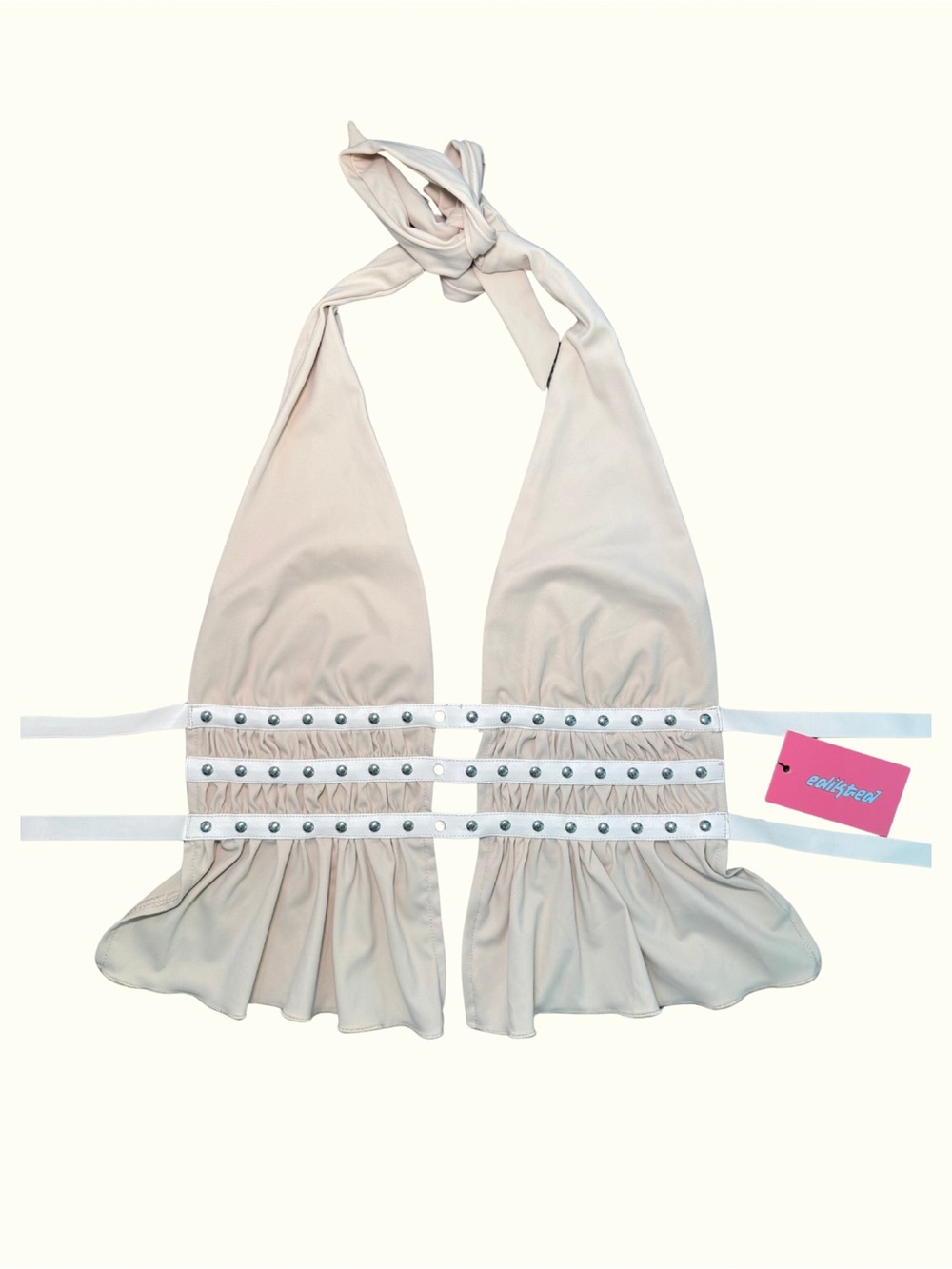 Edikted Beige Halter Crop Top with Studded Bands